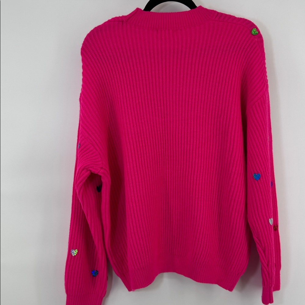 JODIFL Waffle Knit Vibrant Pink Sweater with Sequins Hearts Women's Size L NWT - Picture 7 of 9